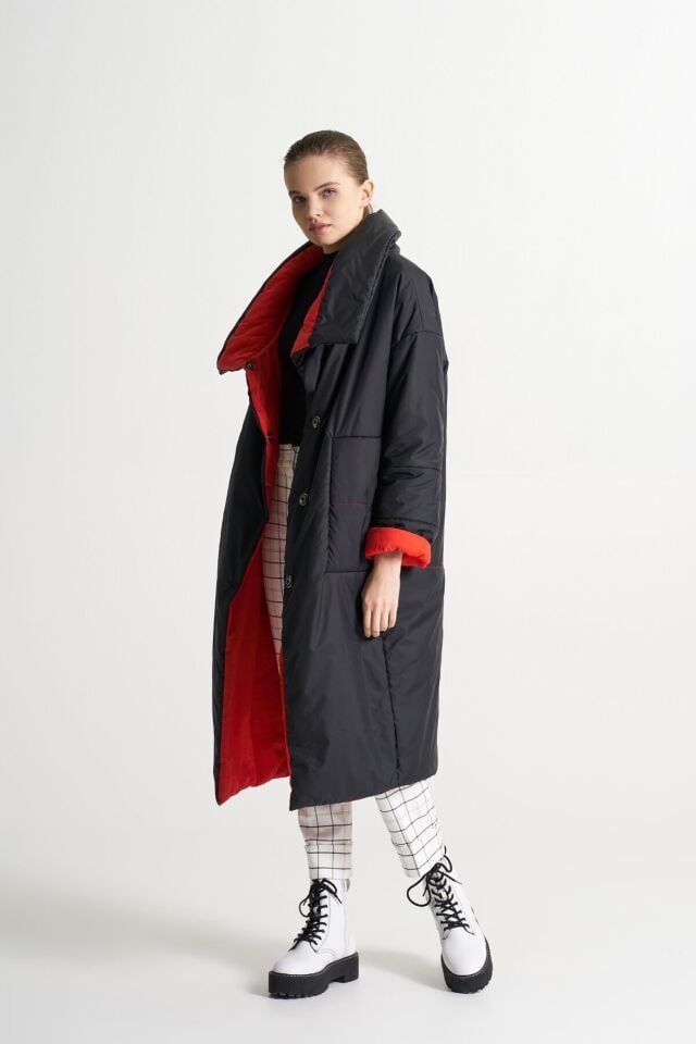 BiBi 2276 Yüksek Hakim Yakalı, İçi Kırmızı Siyah Uzun Mont