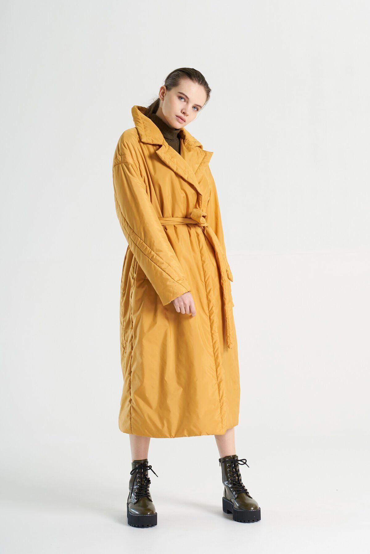 BiBi 2330 Kuşaklı Sarı Uzun Ceket Mont