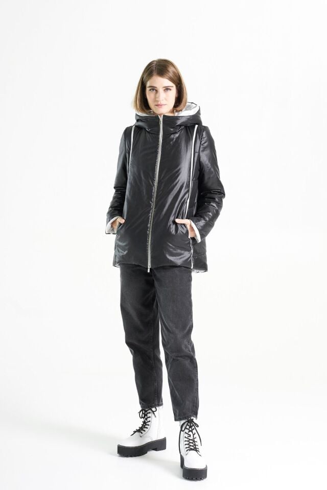 BiBi 2338k Beyaz Şerit Detaylı Siyah Kısa Mont