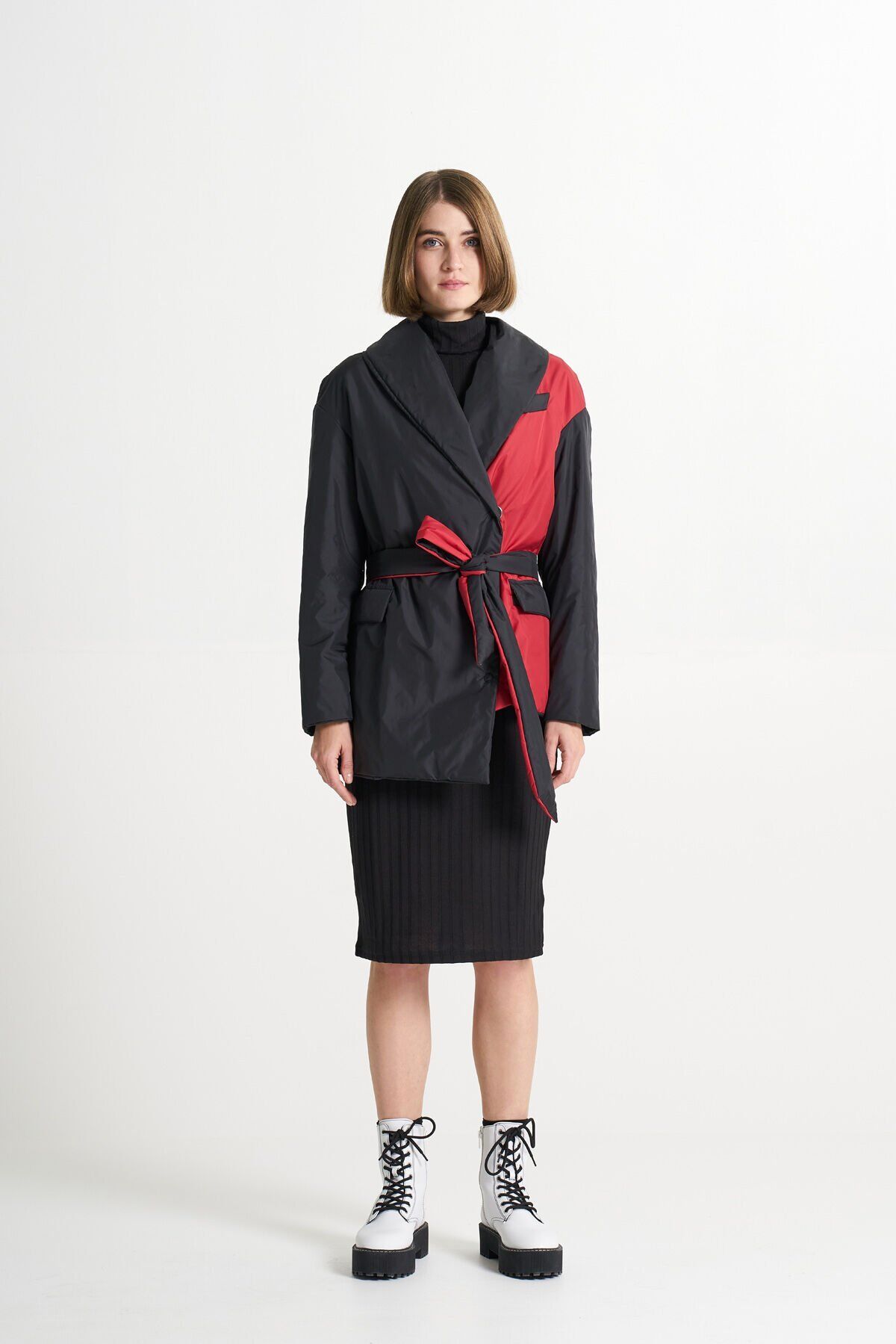 BiBi 2254 Kırmızı-siyah Çift Renk Detaylı Kadın Mont Ceket