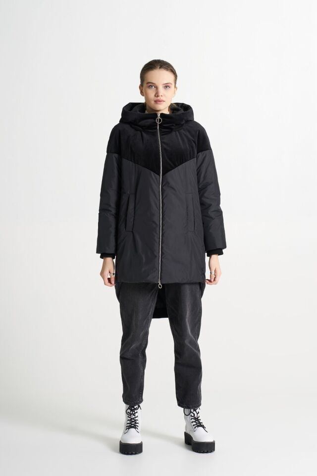 BiBi 2216 Kadife Detaylı Siyah Kadın Mont