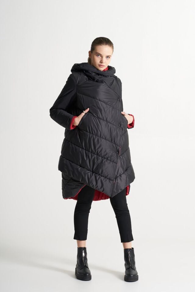 BİBİ 2140u Asimetri Detaylı Kadın Siyah Mont