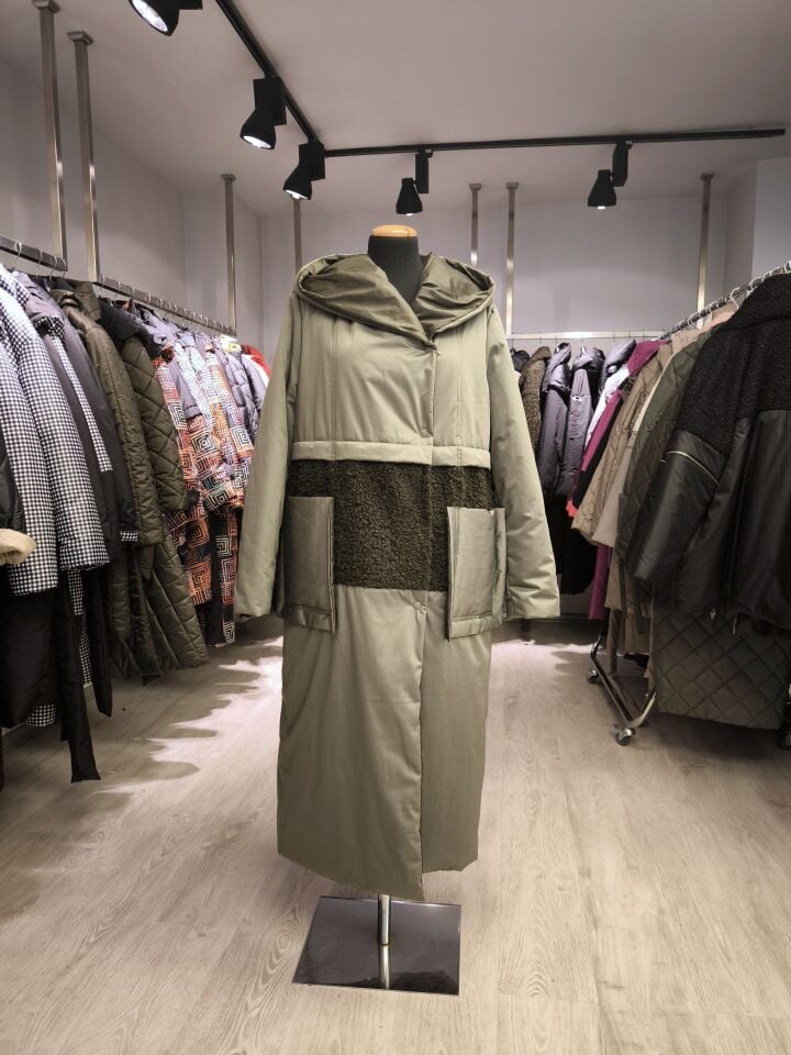 BiBi 2564 Yeşil Teddy Kumaş Detaylı Uzun Kadın Kaban