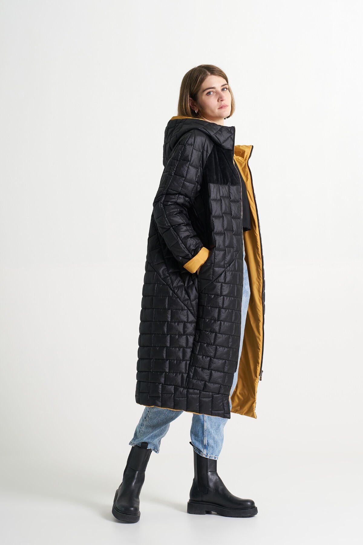 BiBi 2308 Dikdörtgen Kapitoneli Sarı Siyah Uzun Mont