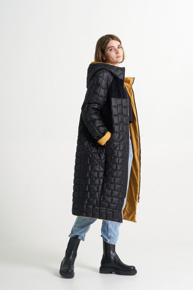 BiBi 2308 Dikdörtgen Kapitoneli Sarı Siyah Uzun Mont