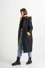 BiBi 2308 Dikdörtgen Kapitoneli Sarı Siyah Uzun Mont