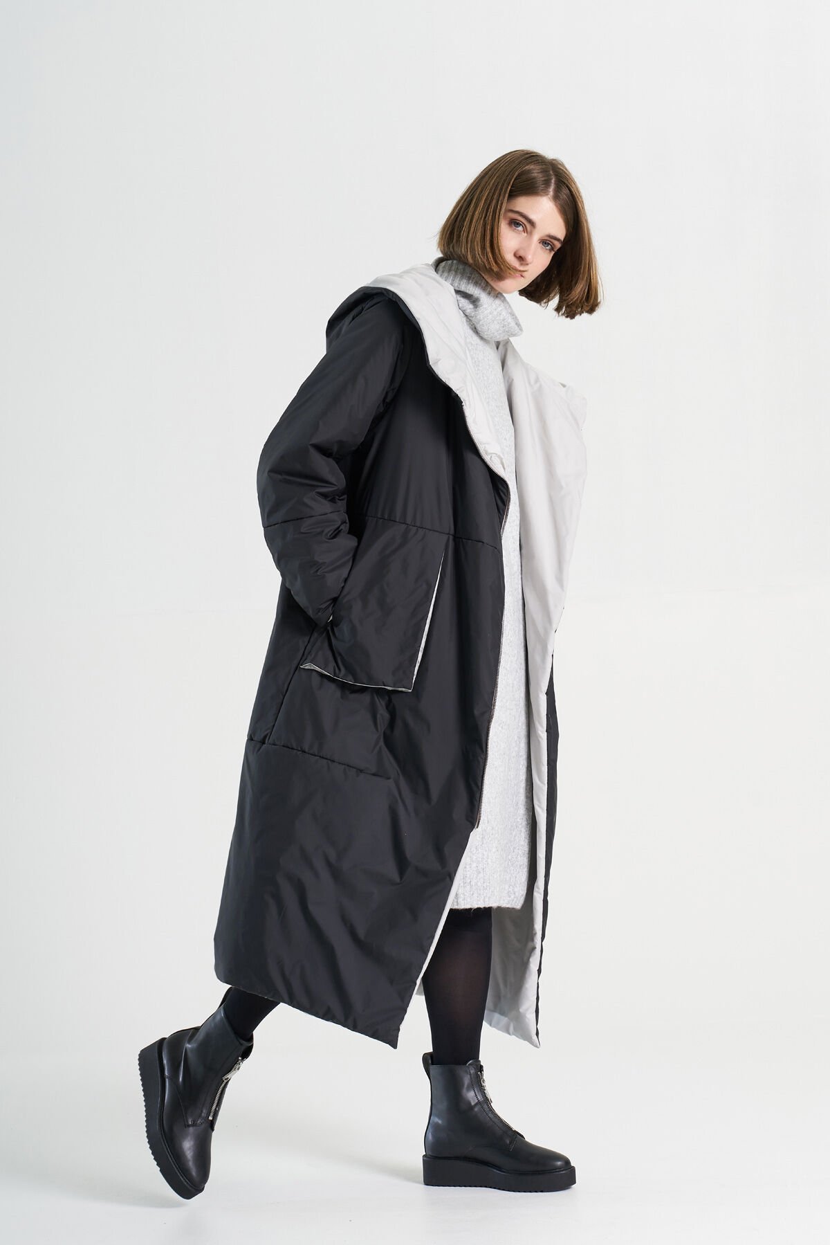 BiBi 2296 Cep Detaylı Uzun Siyah Kadın Mont