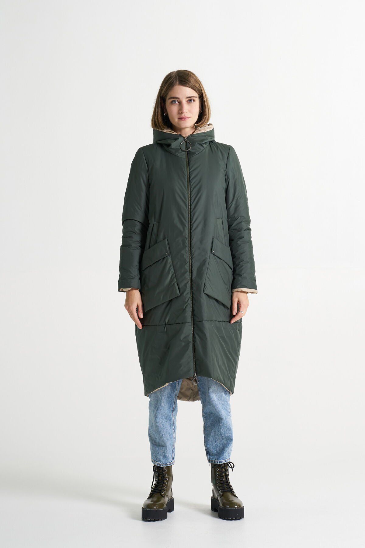 BiBi 2116 Kapşonlu Yeşil Renk Uzun Mont