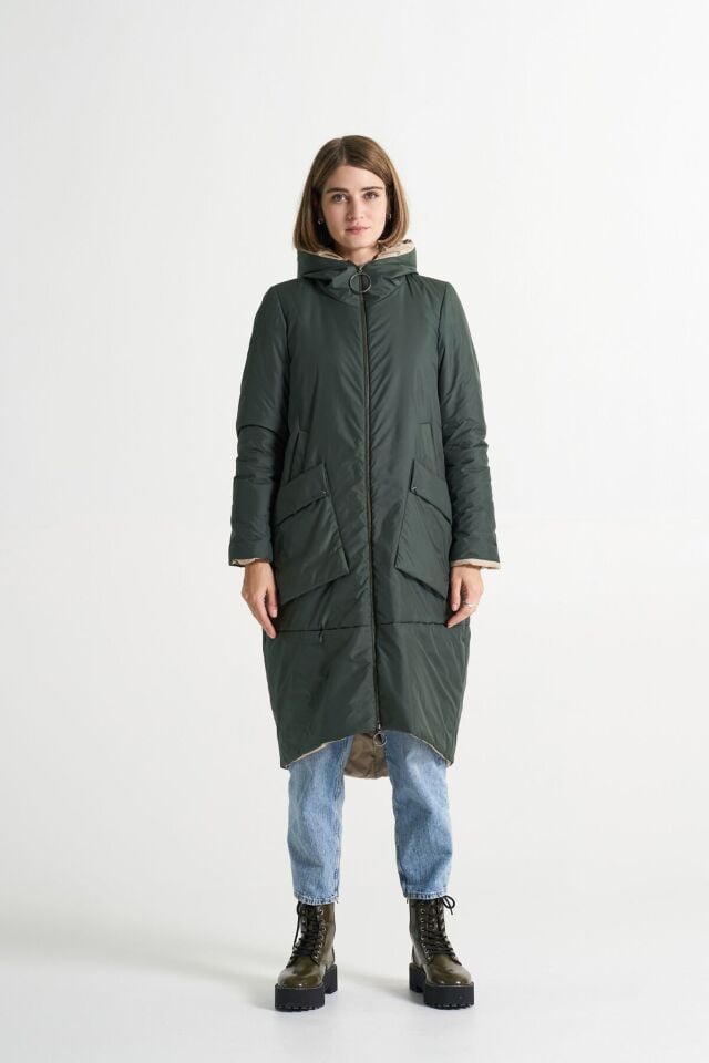 BiBi 2116 Kapşonlu Yeşil Renk Uzun Mont