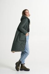 BiBi 2116 Kapşonlu Yeşil Renk Uzun Mont