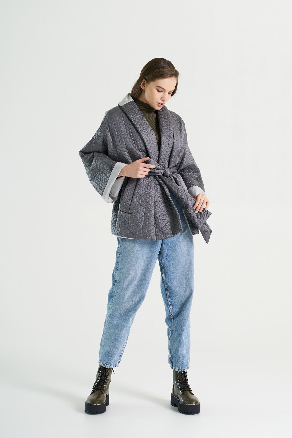 BIBI 2234k Gri Kimono Kadın Mevsimlik Ceket