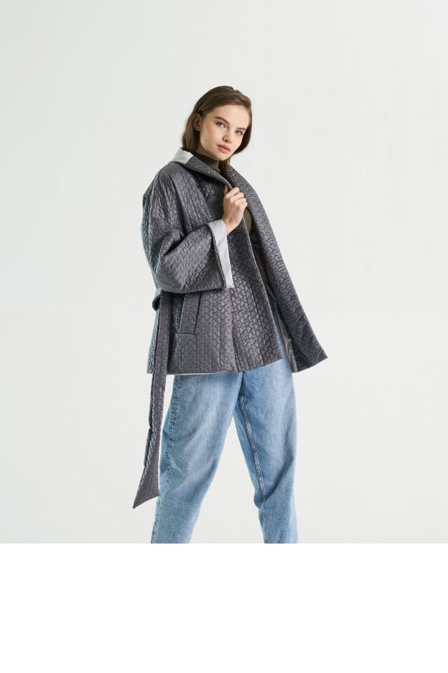 BIBI 2234k Gri Kimono Kadın Mevsimlik Ceket