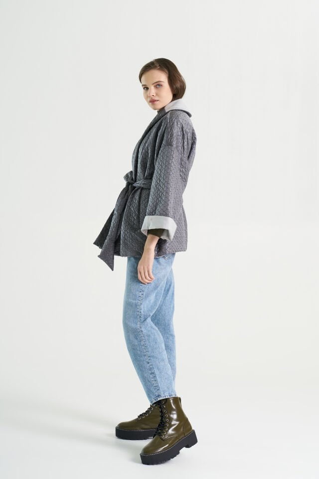 BIBI 2234k Gri Kimono Kadın Mevsimlik Ceket