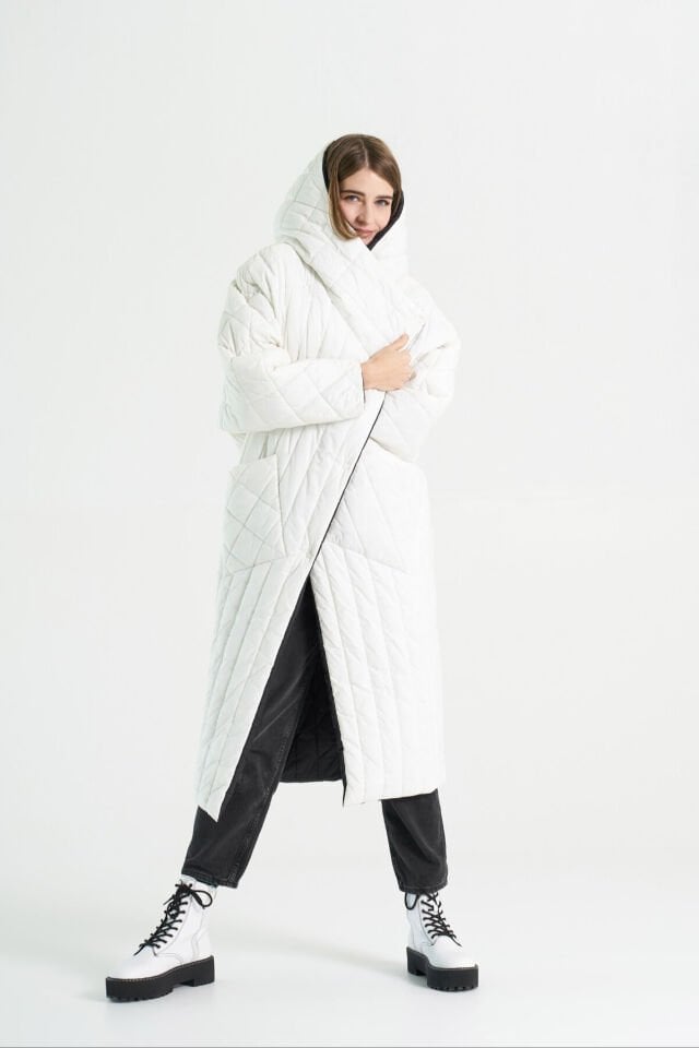 BİBİ 2142  Çift Taraf Giyilebilir Siyah-Beyaz Uzun Kaban