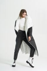 BİBİ 2142  Çift Taraf Giyilebilir Siyah-Beyaz Uzun Kaban