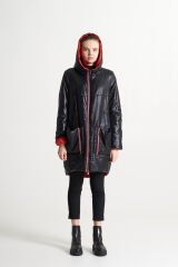 BiBi 2298 Cep Detaylı İçi Kırmızı Siyah Uzun Mont