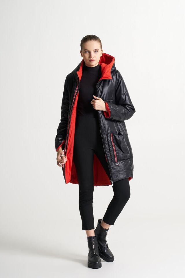 BiBi 2298 Cep Detaylı İçi Kırmızı Siyah Uzun Mont