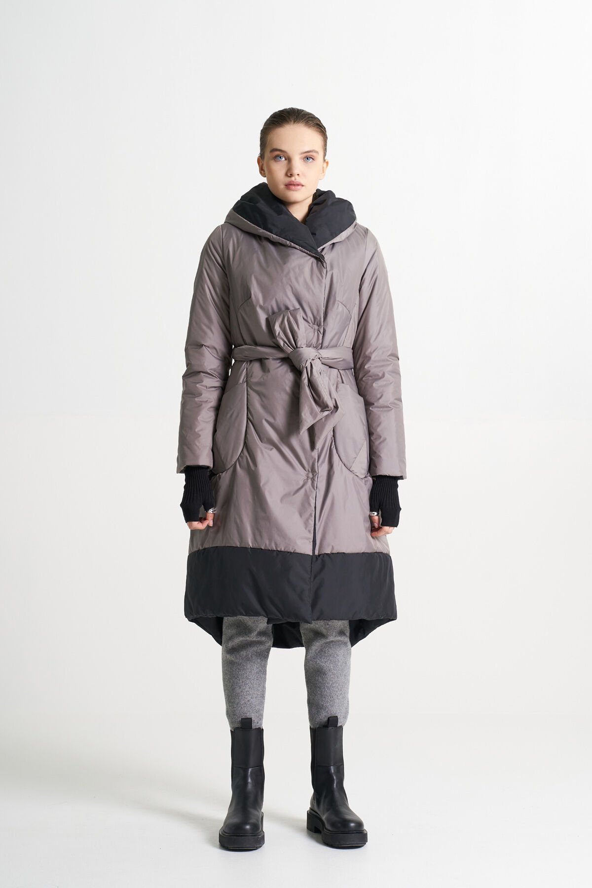 BiBi 2226 Kemerli Siyah Detaylı Vizon Renk Mont