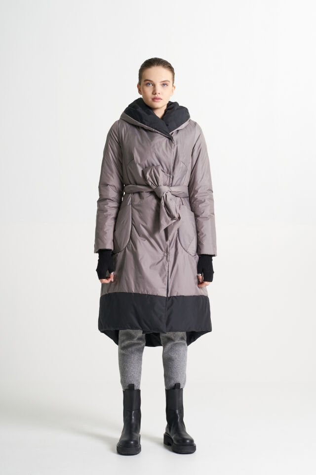 BiBi 2226 Kemerli Siyah Detaylı Vizon Renk Mont