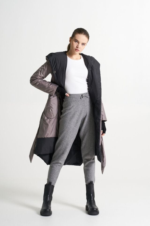 BiBi 2226 Kemerli Siyah Detaylı Vizon Renk Mont