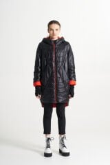 BiBi 2300 Kırmızı Dikiş Detaylı Siyah Kadın Mont