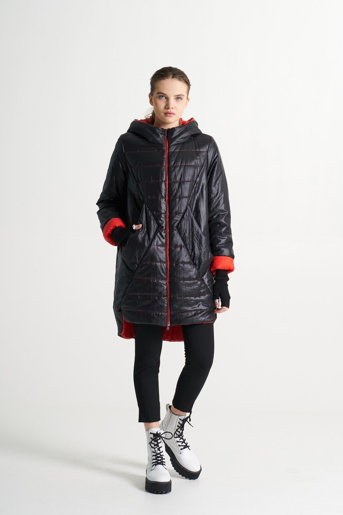 BiBi 2300 Kırmızı Dikiş Detaylı Siyah Kadın Mont