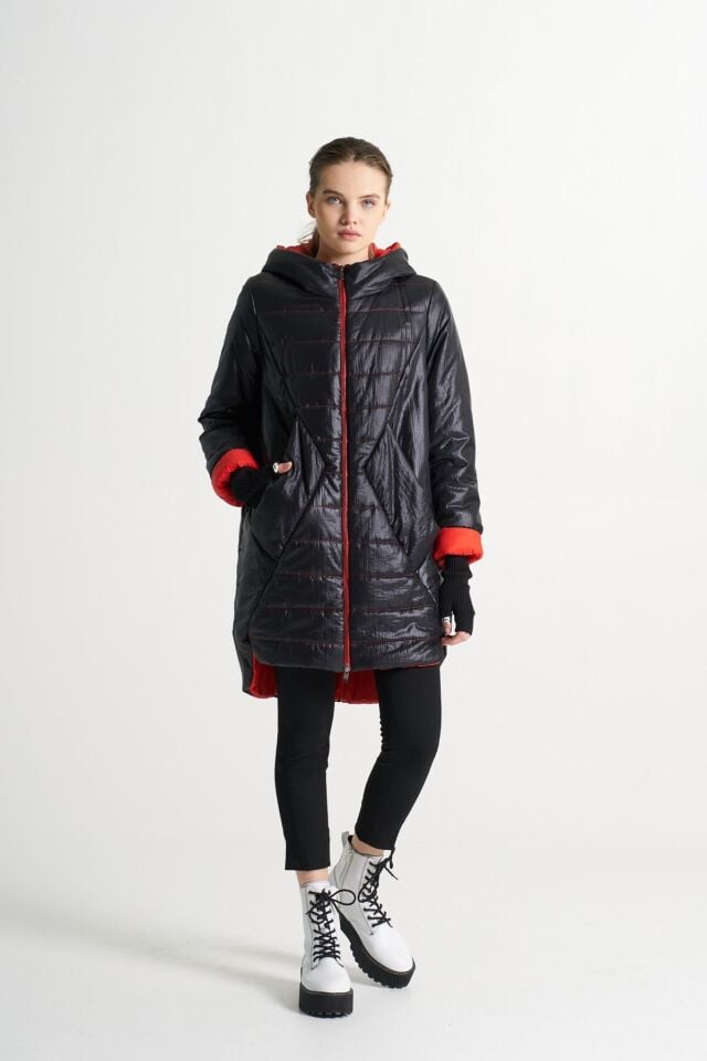 BiBi 2300 Kırmızı Dikiş Detaylı Siyah Kadın Mont