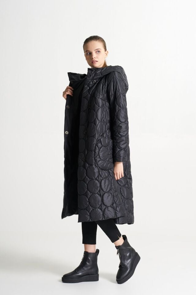 BiBi 2232 Yuvarlak Kapitoneli Siyah Uzun Mont