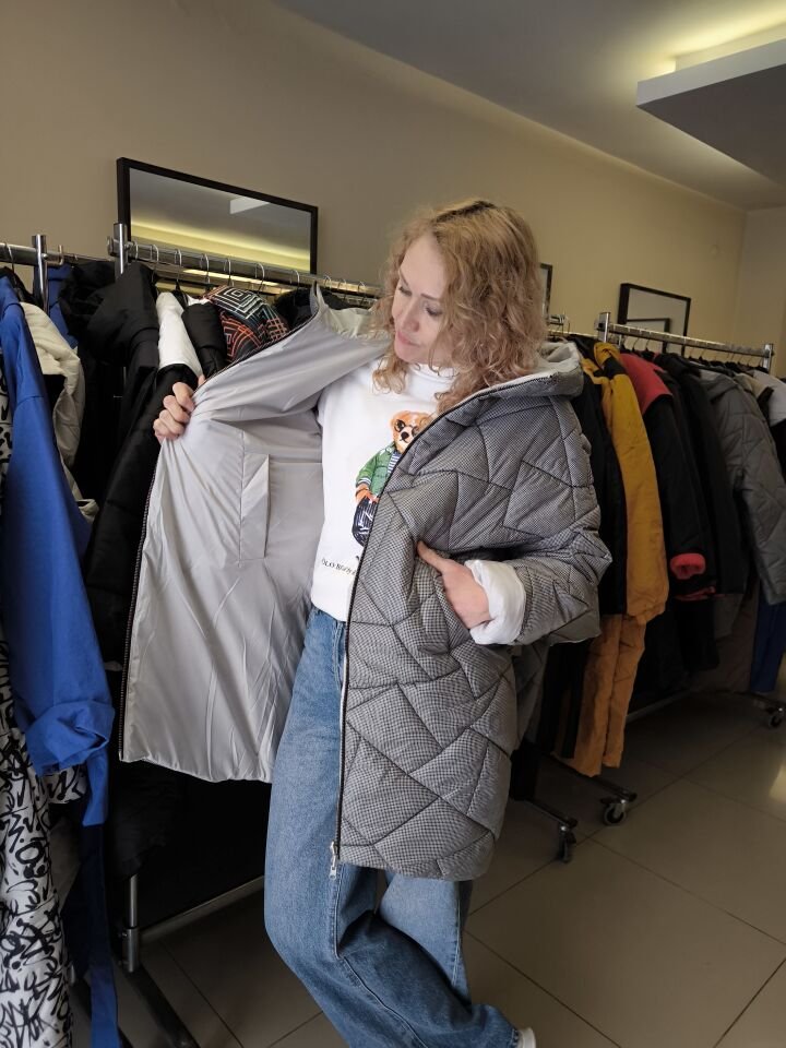 BiBi 2424 Çift Taraflı Geometrik Kapitoneli Gri Kadın Mont