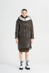 BiBi 2332 Desenli Parlak Kumaş Kahverengi Kadın Mont