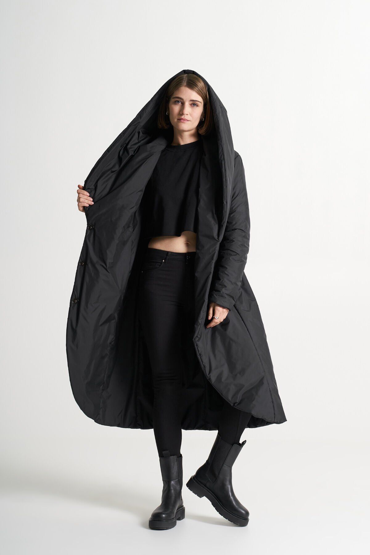 BiBi 2024 Belden Kuşaklı Siyah Uzun Mont