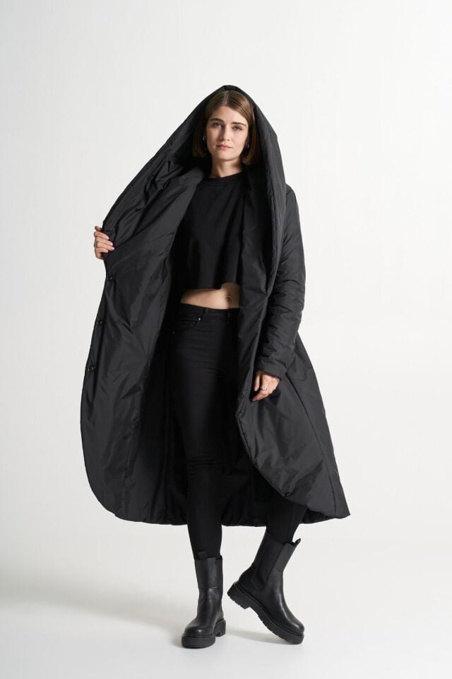 BiBi 2024 Belden Kuşaklı Siyah Uzun Mont