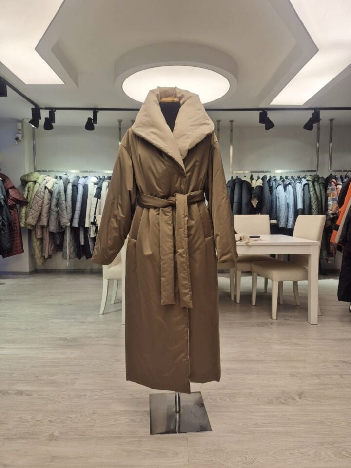 BiBi 2386 Şal Yaka kahverengi Uzun Mont