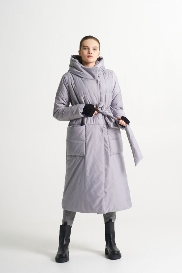 BiBi 2026  Belden Kuşaklı Gri Uzun Mont