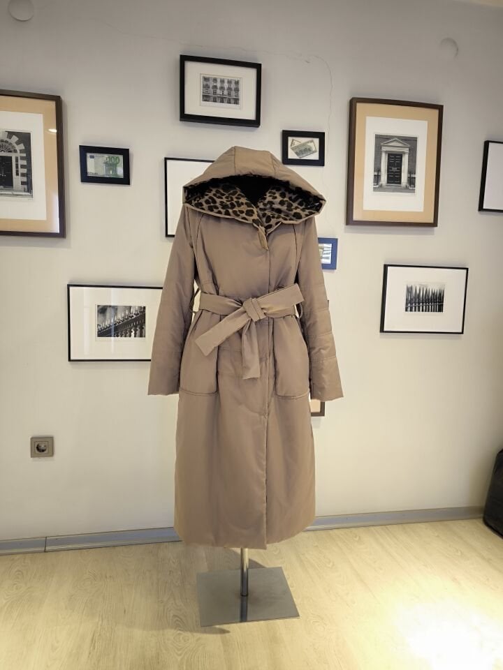 BiBi 2345 İçi Leopar Desenli Bej Renk Uzun Mont