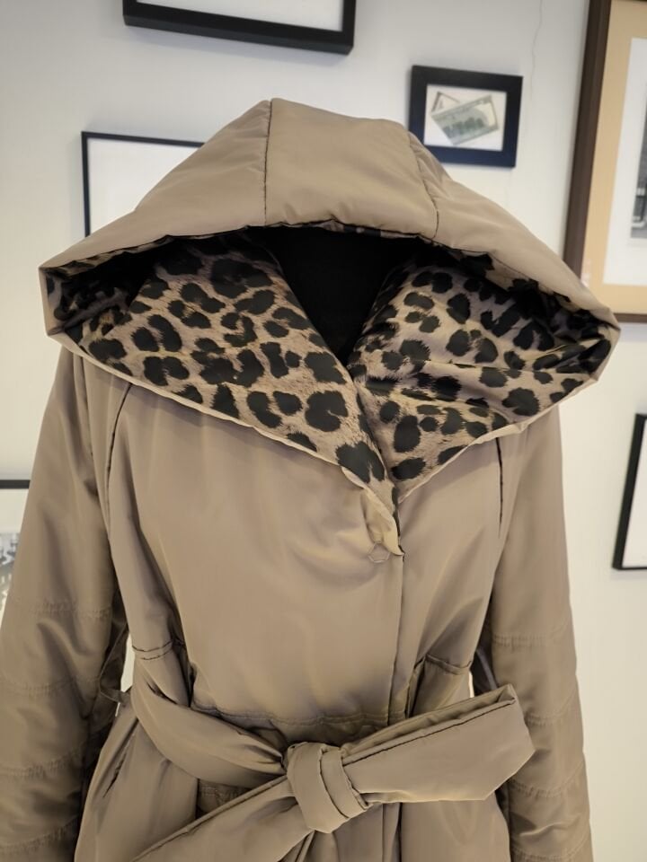 BiBi 2345 İçi Leopar Desenli Bej Renk Uzun Mont