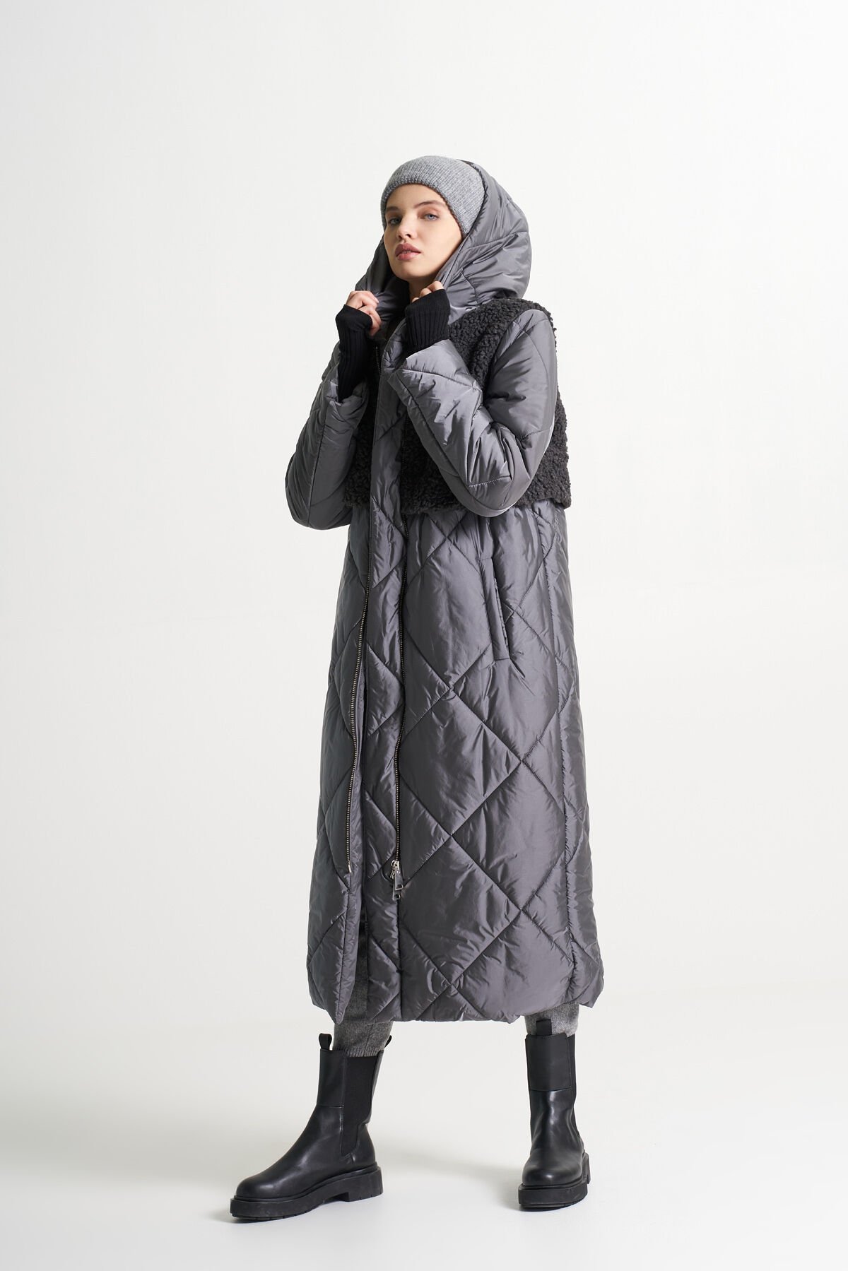 BiBi 2290 Teddy Kumaş Detaylı Gri Uzun Mont