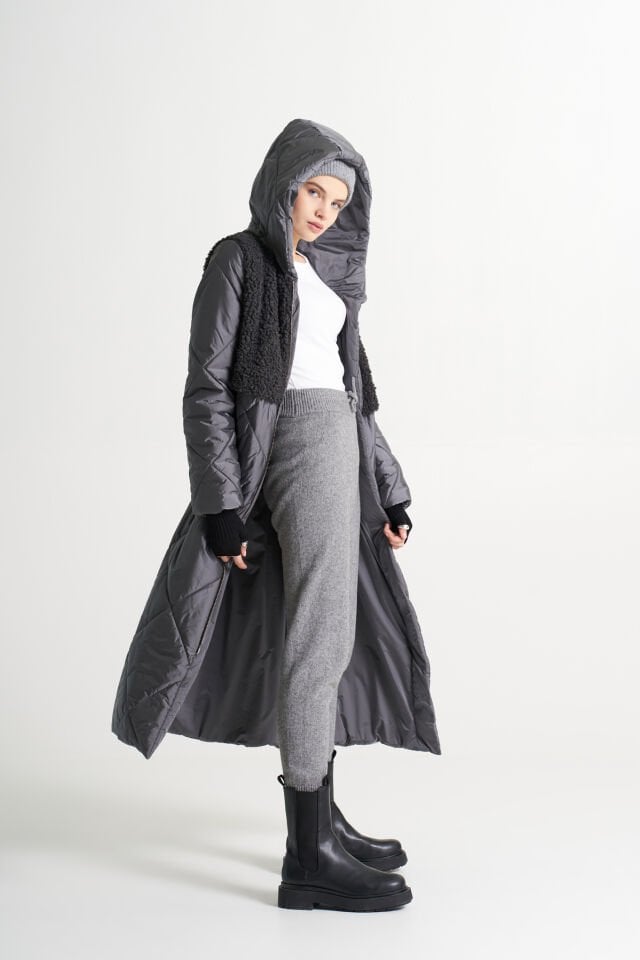 BiBi 2290 Teddy Kumaş Detaylı Gri Uzun Mont