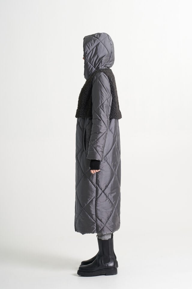 BiBi 2290 Teddy Kumaş Detaylı Gri Uzun Mont