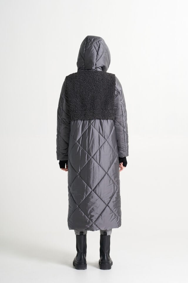 BiBi 2290 Teddy Kumaş Detaylı Gri Uzun Mont