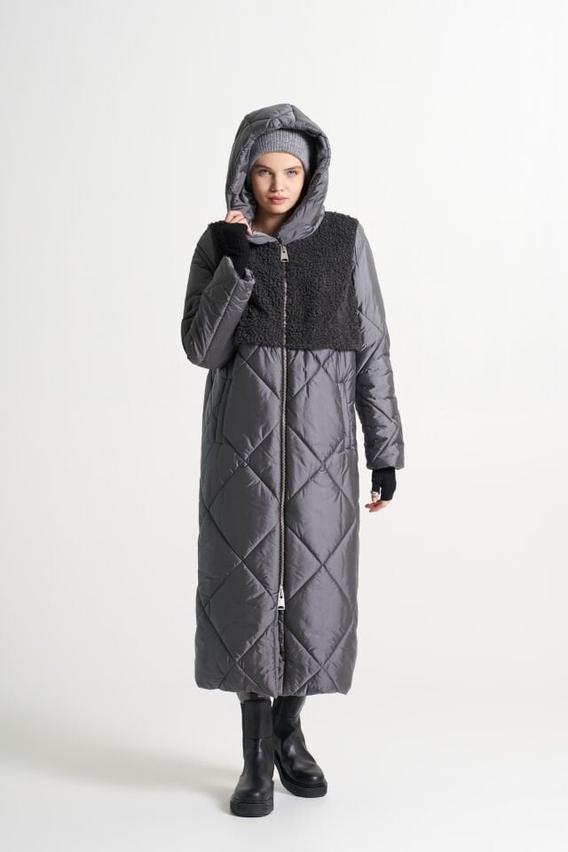 BiBi 2290 Teddy Kumaş Detaylı Gri Uzun Mont