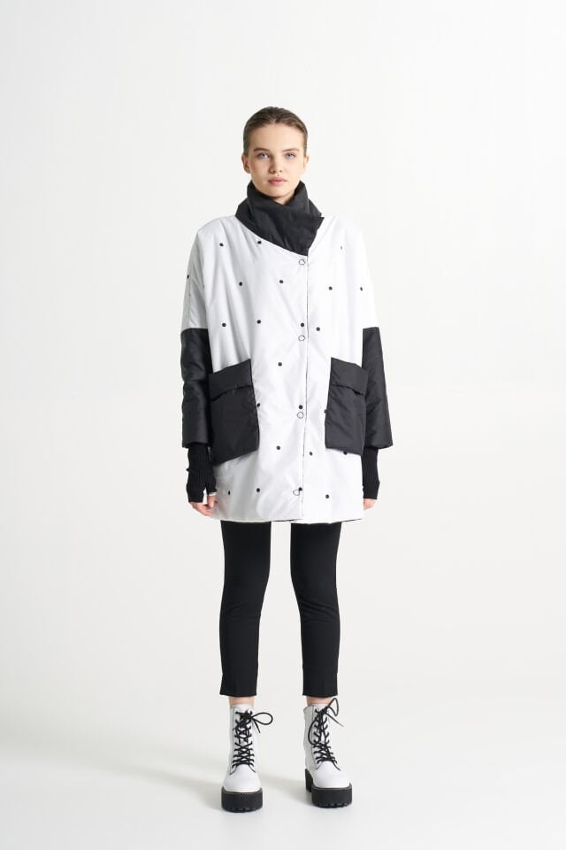 BiBi 2086 Puantiye Desenli Beyaz Kadın Mevsimlik Ceket