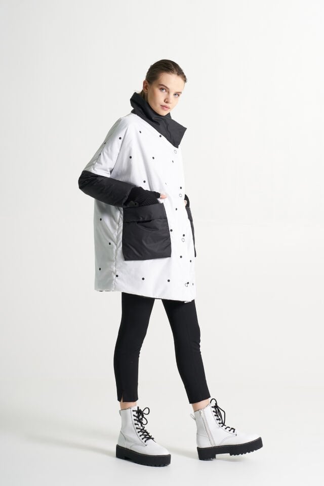 BiBi 2086 Puantiye Desenli Beyaz Kadın Mevsimlik Ceket