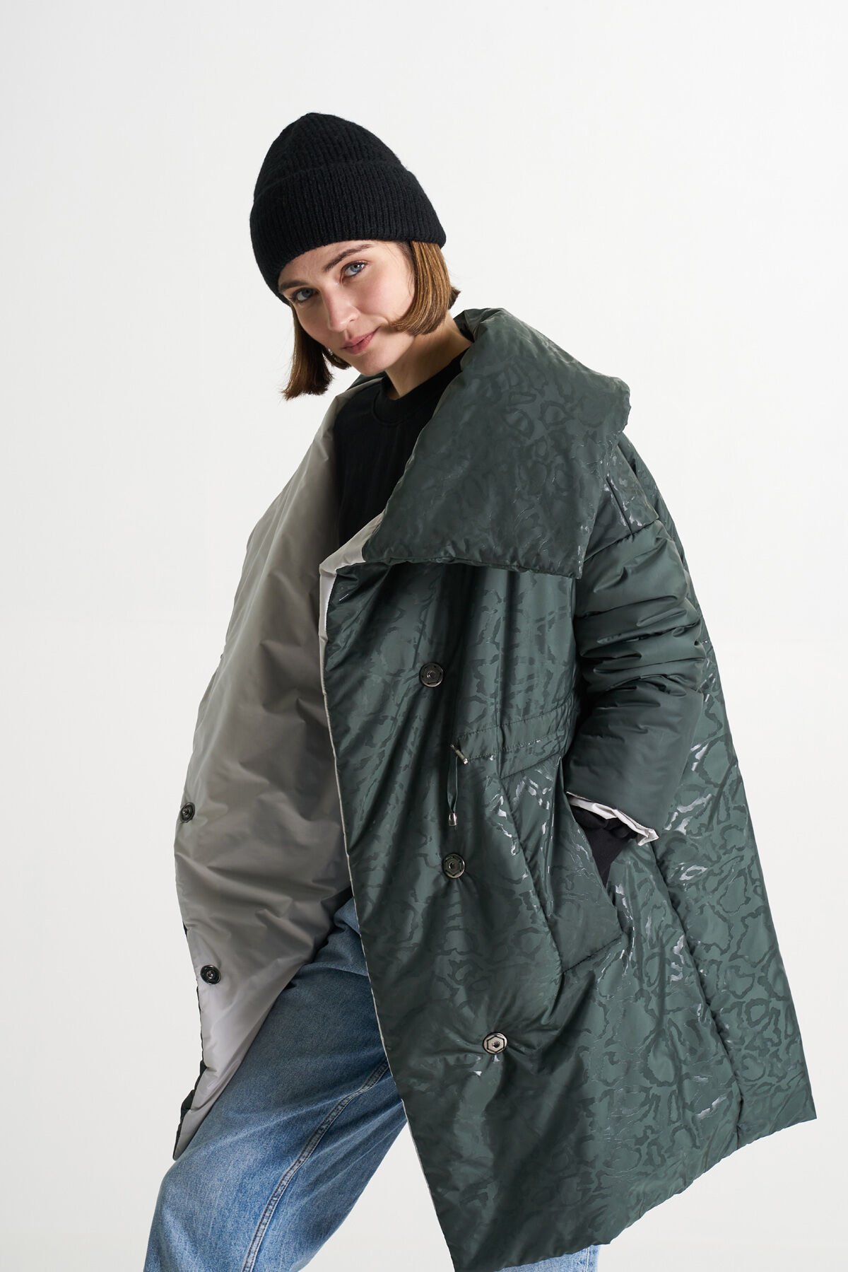 BiBi 2272m Desenli ve Parlak Kumaşlı Yeşil Kadın mont