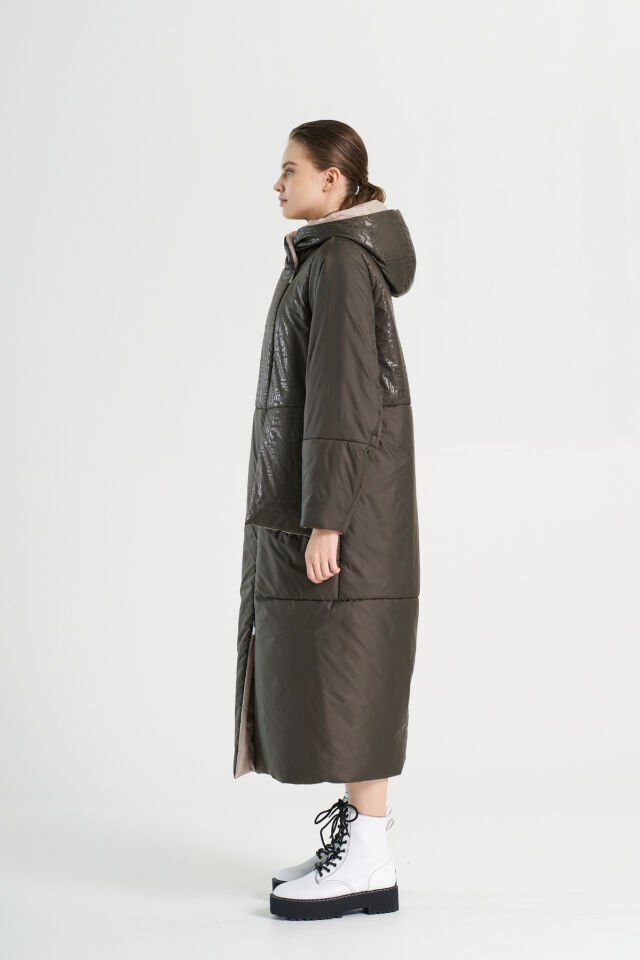 BiBi 2296 Parlak Kumaş Detaylı Kahverengi Uzun Mont