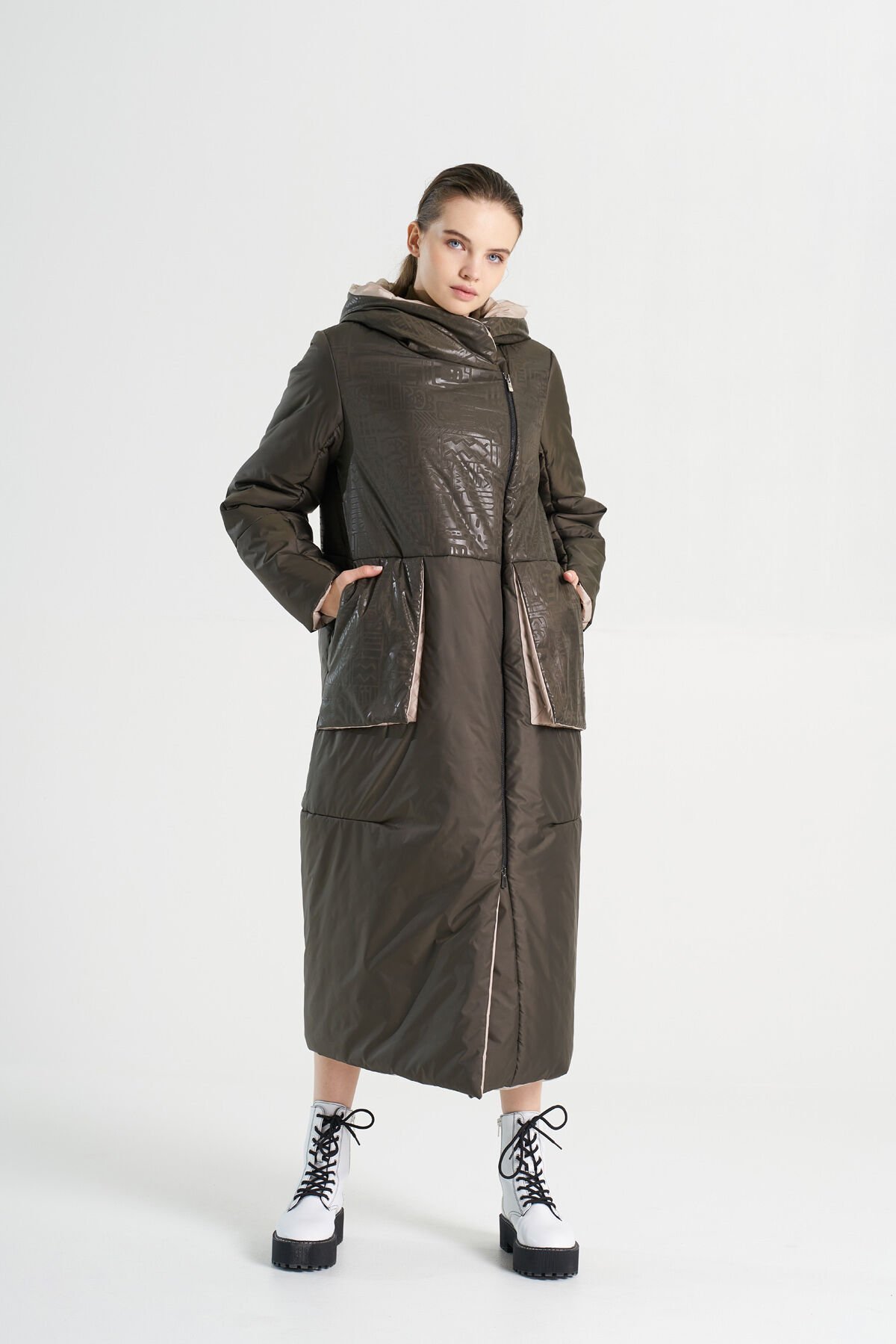 BiBi 2296 Parlak Kumaş Detaylı Kahverengi Uzun Mont