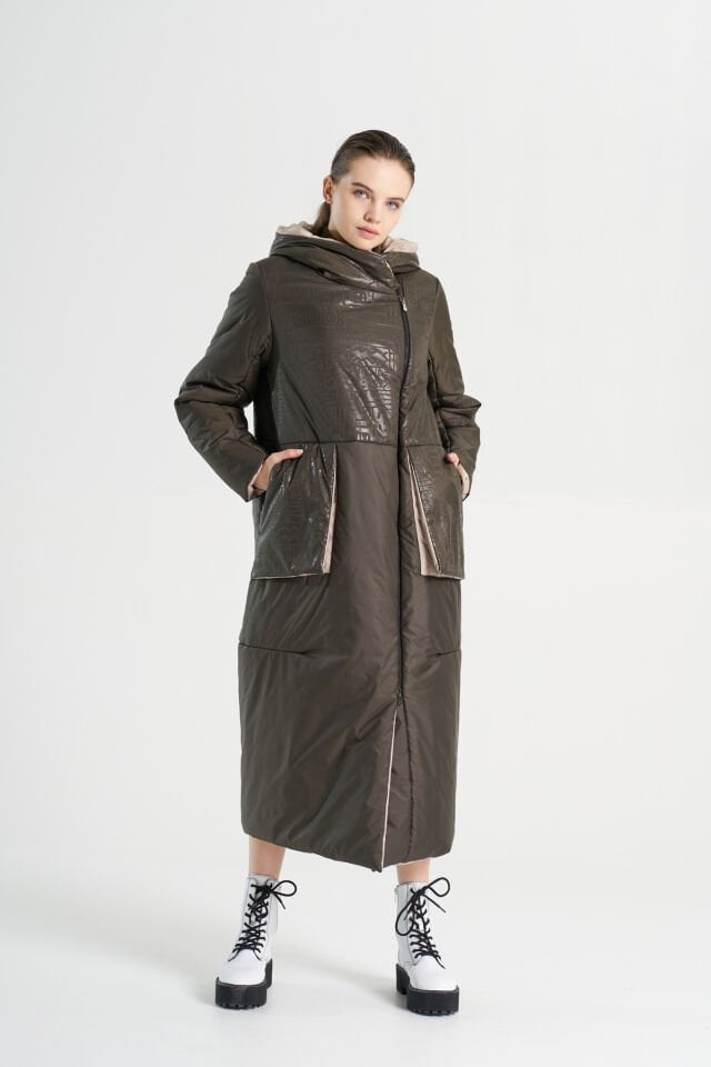 BiBi 2296 Parlak Kumaş Detaylı Kahverengi Uzun Mont