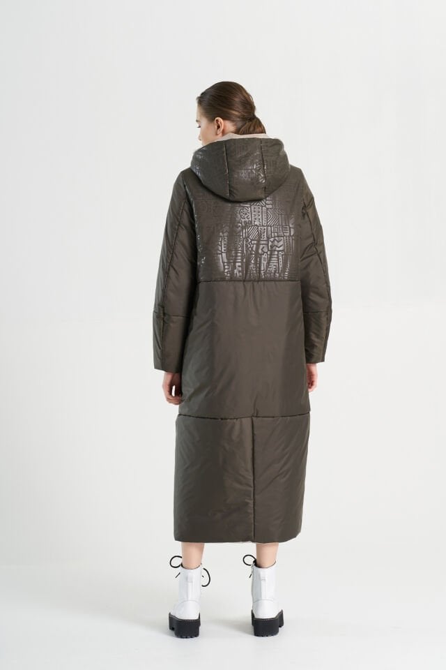 BiBi 2296 Parlak Kumaş Detaylı Kahverengi Uzun Mont