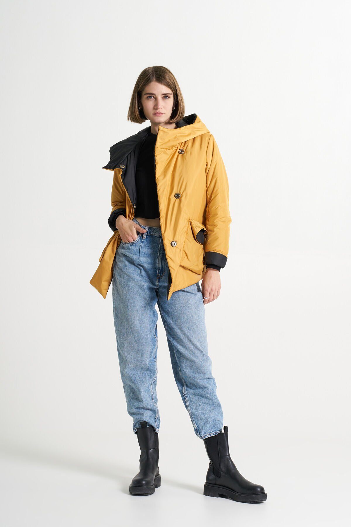 BiBi 2108 Sırtta Kurdela Detaylı Sarı Kadın Mont