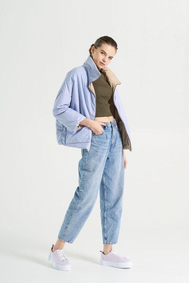 BiBi 2098 Çift Taraflı Lila-Bej Kısa Kadın Mont